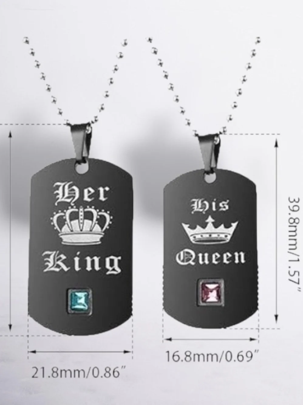 Black 'Her King' and 'His Queen' Stainless Steel Couple Dog Tag Necklaces